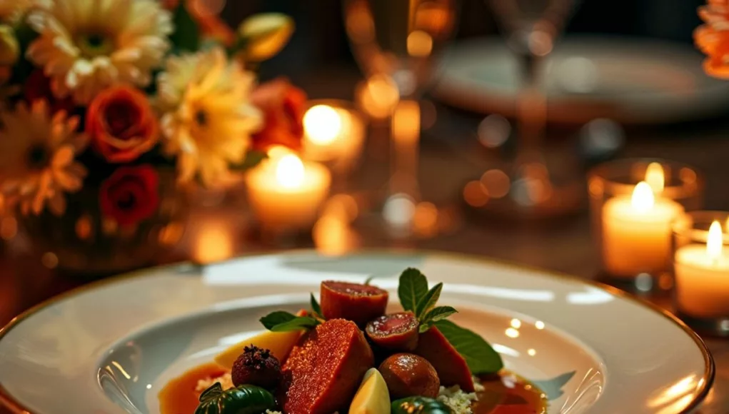 Gourmet dish with candles and flowers in tribute.