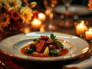 Gourmet dish with candles and flowers in tribute.