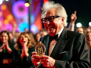 Pedro Almodovar receiving an award at San Sebastian Festival.