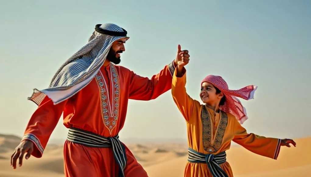 Father and son dancing in traditional Emirati attire.