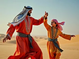 Father and son dancing in traditional Emirati attire.