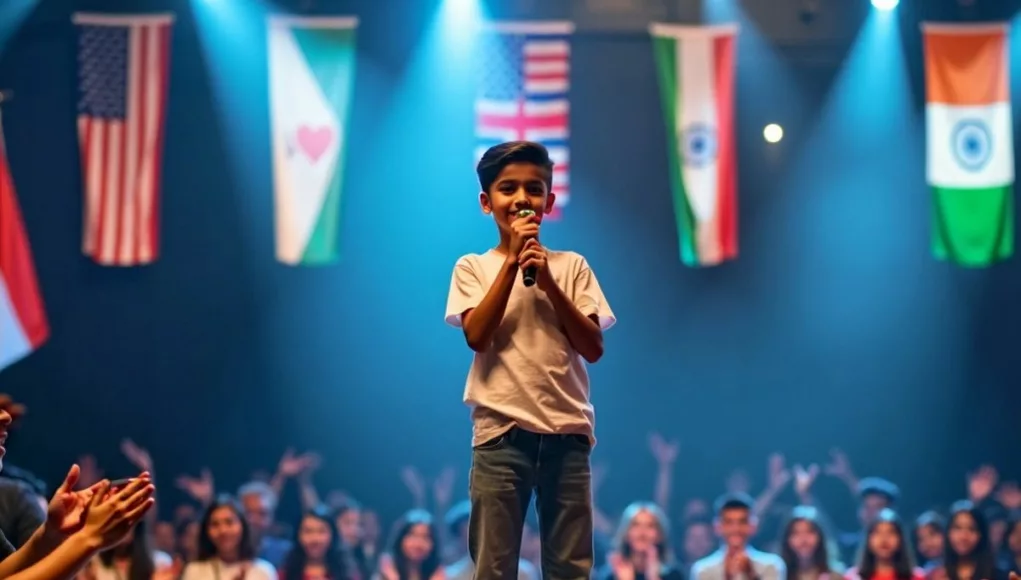 Indian teen singing on stage with flags