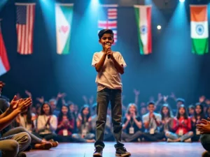 Indian teen singing on stage with flags