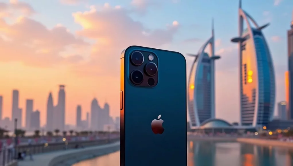 iPhone 16 with UAE skyline background