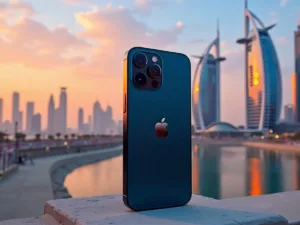 iPhone 16 with UAE skyline background