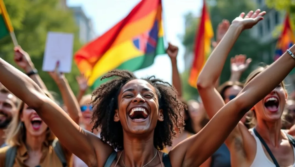 Diverse group celebrating with flags and smiles outdoors.