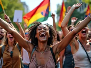 Diverse group celebrating with flags and smiles outdoors.