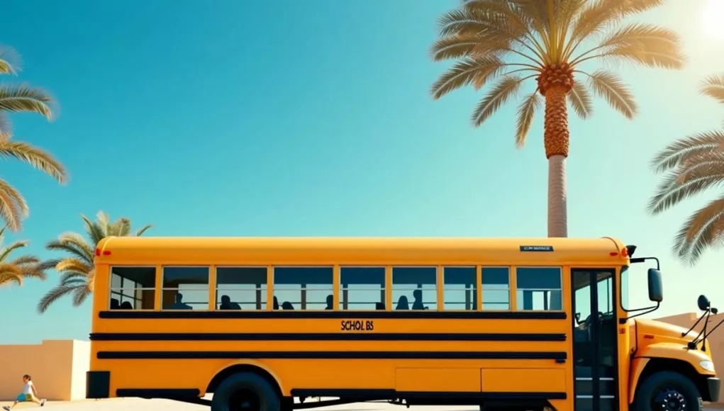 Empty school bus under the sun with palm trees.