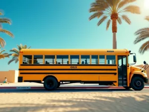 Empty school bus under the sun with palm trees.