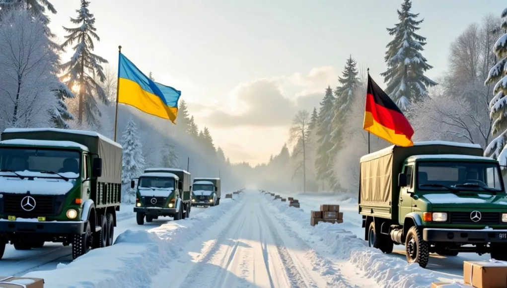 Ukrainian and German flags in a snowy landscape.