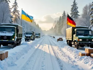 Ukrainian and German flags in a snowy landscape.