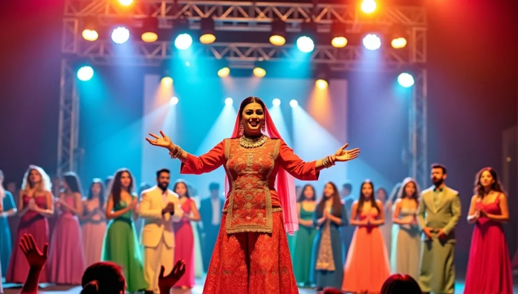 Mame Khan performing on stage in Dubai.