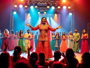 Mame Khan performing on stage in Dubai.