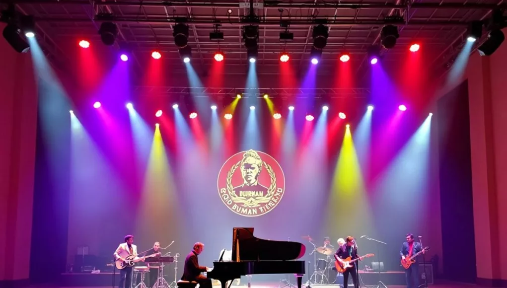 Concert stage in Dubai with musicians and grand piano.