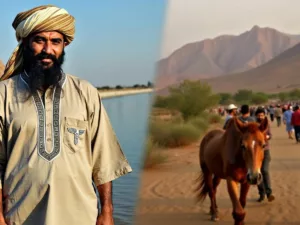 Abdu Rozik in traditional attire with a cultural landscape.