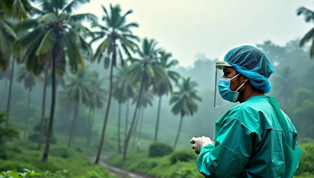 Healthcare worker in protective gear in Kerala landscape.