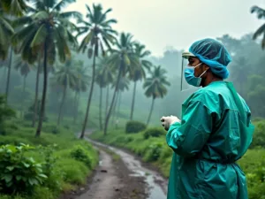 Healthcare worker in protective gear in Kerala landscape.