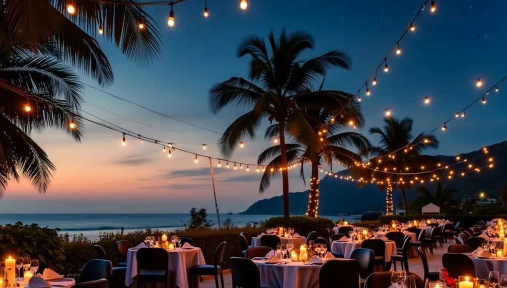 Candlelit concert with musicians and elegant table settings.