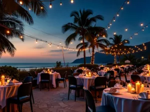 Candlelit concert with musicians and elegant table settings.