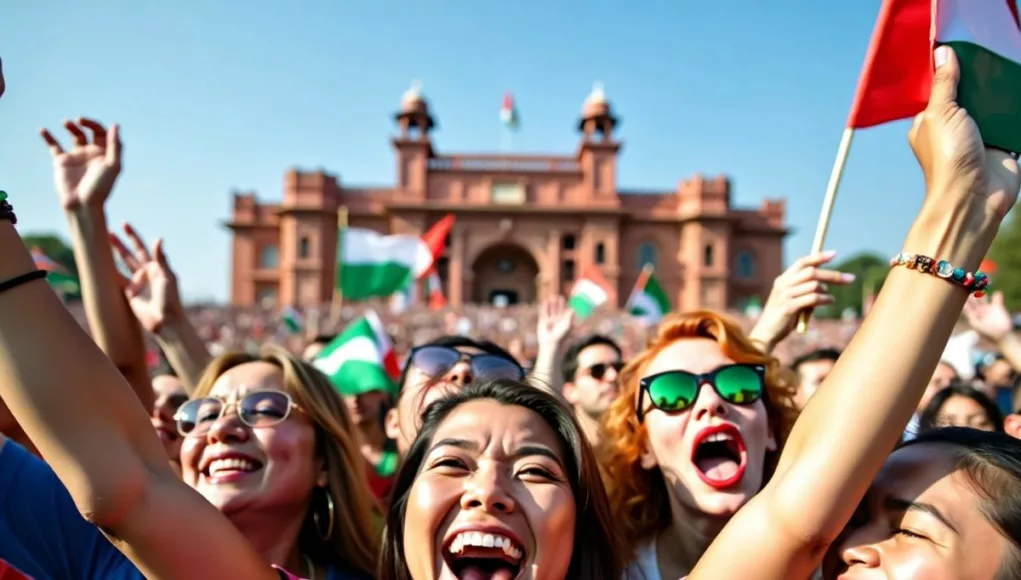 Crowd celebrating with flags and traditional attire.