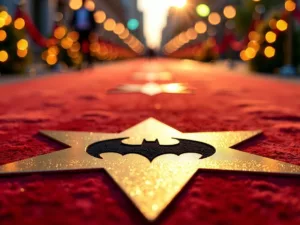 Golden star with bat symbol on red carpet.