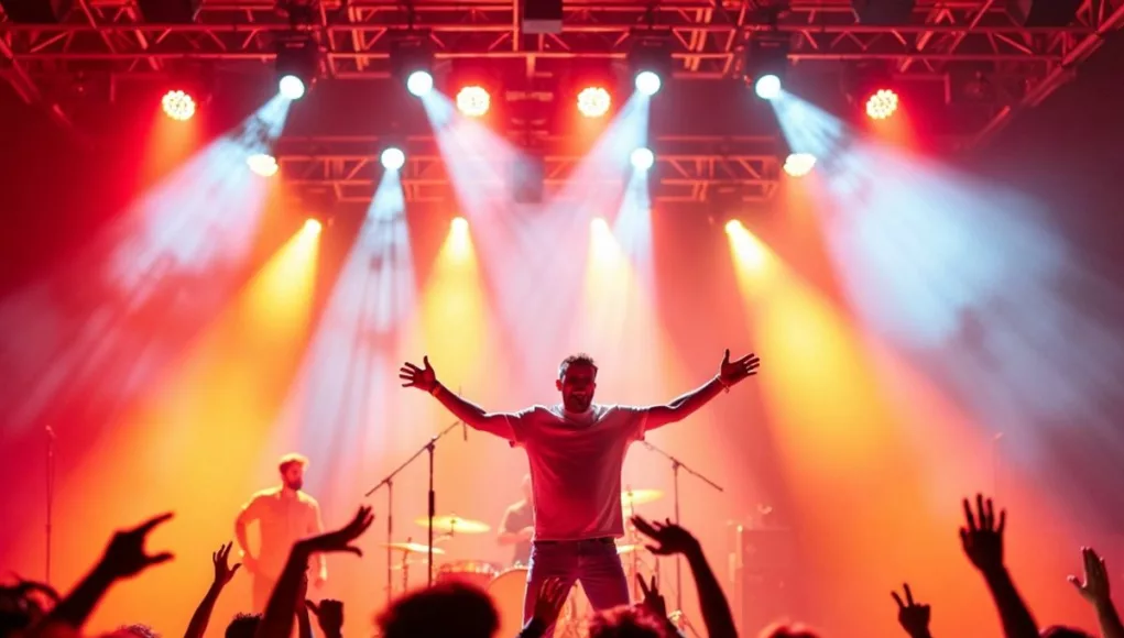 Musician on stage with colorful lights and audience.