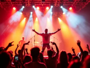 Musician on stage with colorful lights and audience.