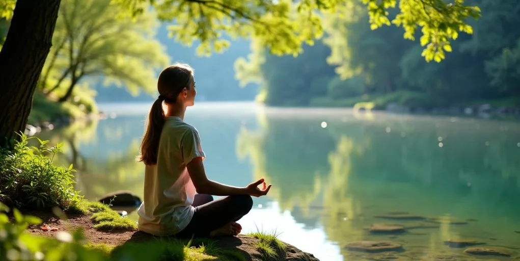 Person meditating by a peaceful lake in nature.