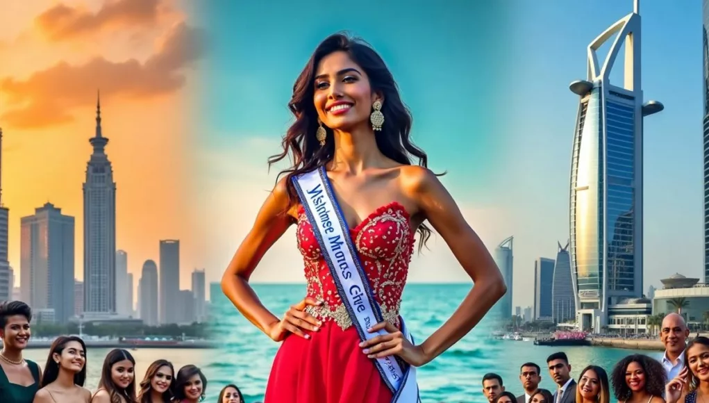 Miss Universe Nepal, Dubai skyline, people celebrating unity