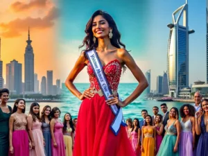 Miss Universe Nepal, Dubai skyline, people celebrating unity