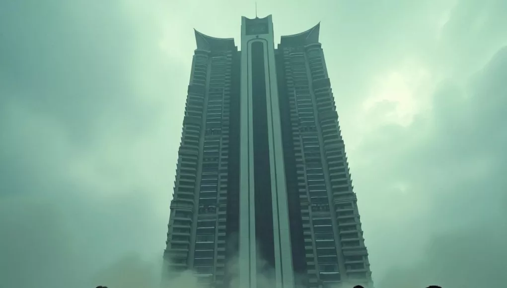 High-rise building in Dubai with a cloudy sky.