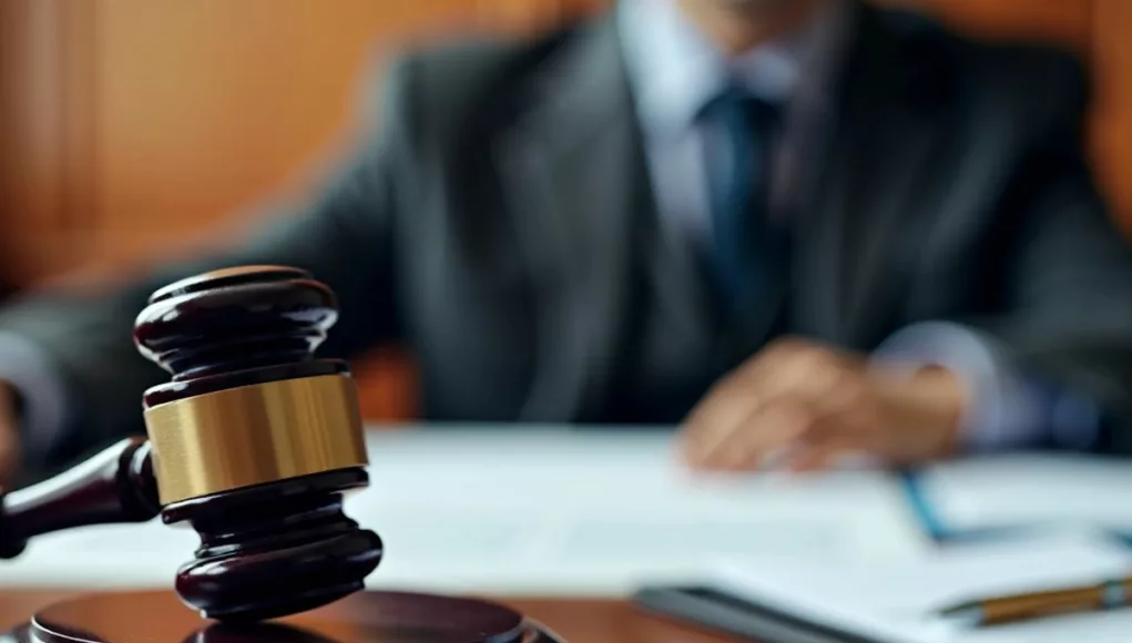 Courtroom with gavel and legal documents.