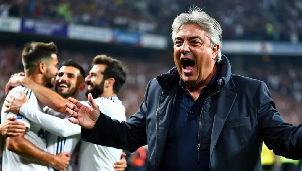 Carlo Ancelotti celebrating with Real Madrid players after victory.