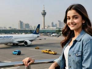 Alia Bhatt smiling and waving at Mumbai airport