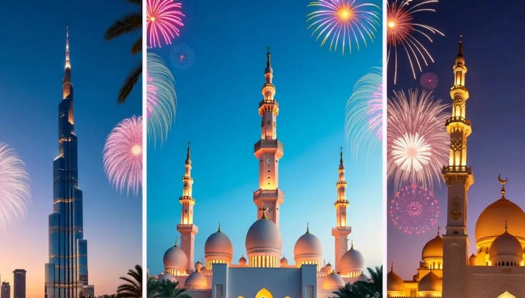 UAE landmarks with flags and fireworks