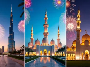 UAE landmarks with flags and fireworks