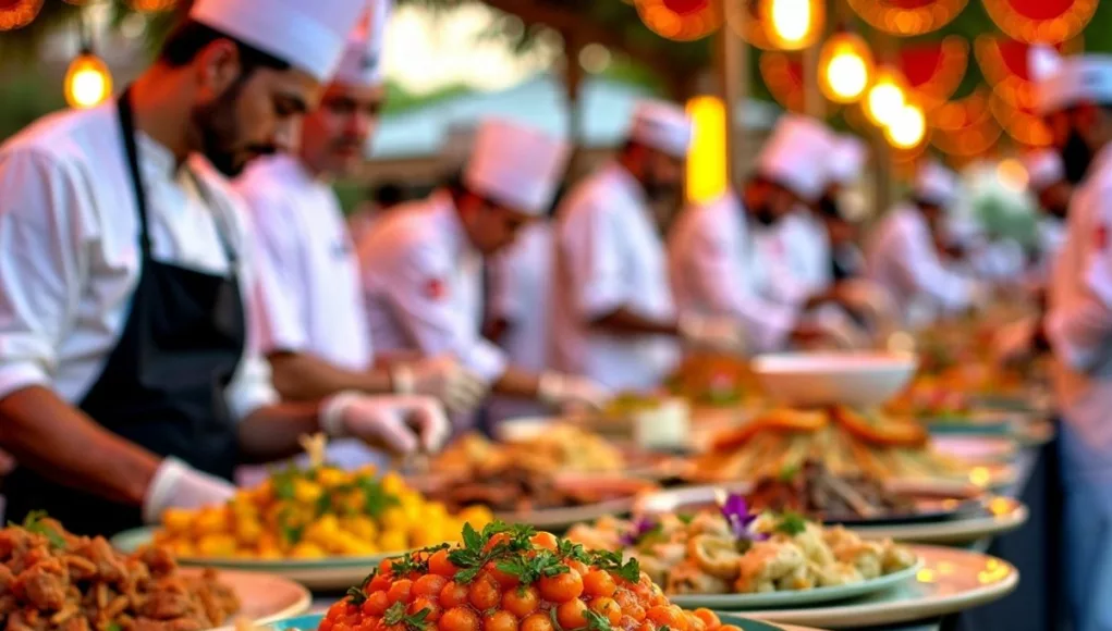 Food festival in Abu Dhabi with colorful dishes and chefs.