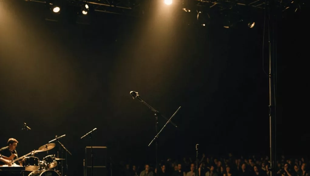 Dimly lit concert stage with microphone stand.