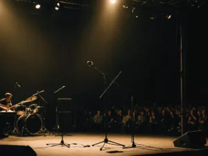 Dimly lit concert stage with microphone stand.