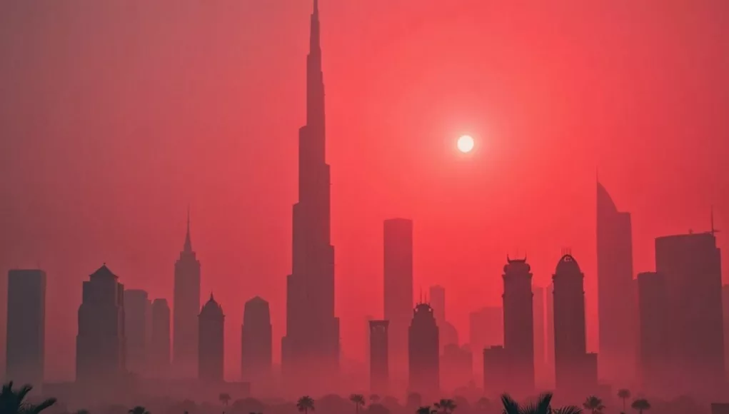 Hazy skyline of Dubai and Abu Dhabi in red fog.