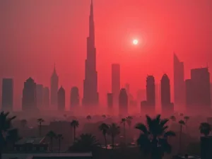 Hazy skyline of Dubai and Abu Dhabi in red fog.