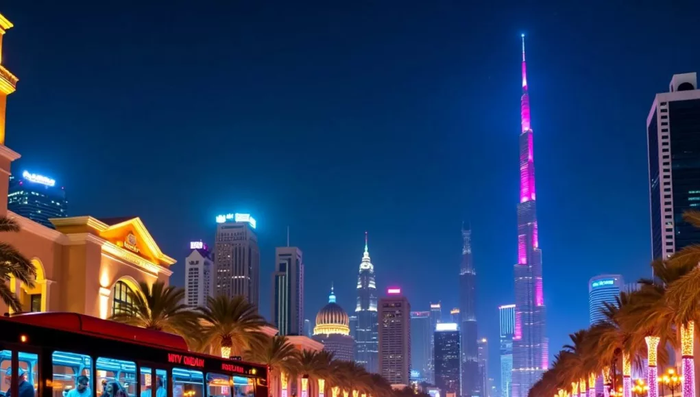 Dubai skyline at night with illuminated landmarks and bus.