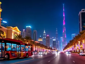 Dubai skyline at night with illuminated landmarks and bus.