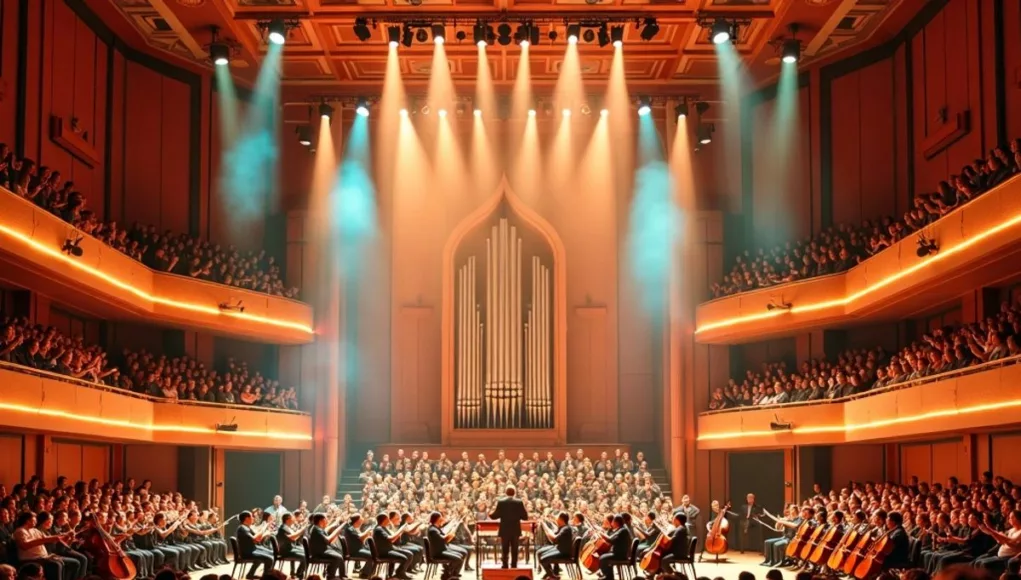 Orchestra performing in a grand concert hall.