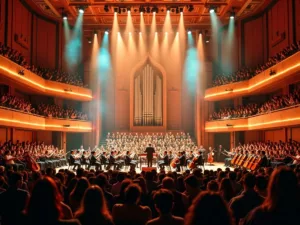 Orchestra performing in a grand concert hall.