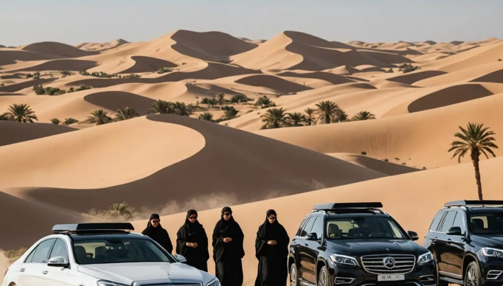 Women driving in abayas through UAE desert