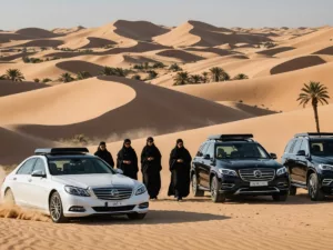 Women driving in abayas through UAE desert