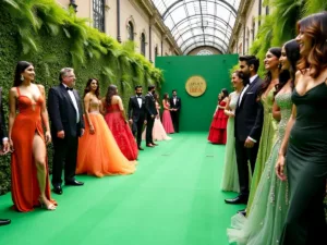 Celebrities in glamorous outfits on the green carpet.