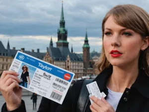 Frustrated traveler with Taylor Swift tickets and European landmarks.