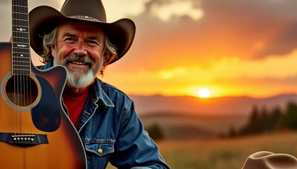 Vintage guitar and cowboy hat against a sunset backdrop.